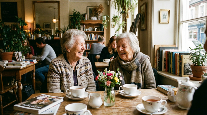 Zwei ältere Damen sitzen bei einer Tasse Tee zusammen und lachen herzlich miteinander. Auf dem Tisch steht ein kleiner Blumenstrauß. Die Szene wirkt wie ein entspanntes Treffen in einem gemütlichen Café.