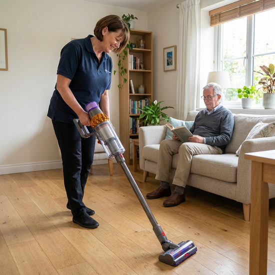 Eine engagierte Pflegekraft putzt mit einem modernen Staubsauger den hellen Holzboden in einem aufgeräumten Wohnzimmer, während im Hintergrund ein Senior entspannt auf dem Sofa liest.