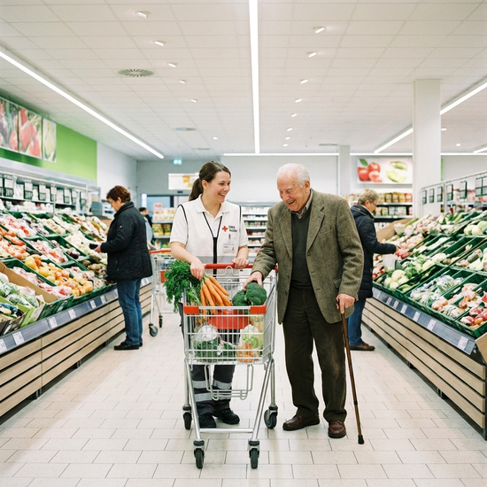 Eine junge Helferin und ein älterer Herr gehen gemeinsam durch die Gänge eines sauberen Supermarktes und legen frisches Gemüse in den Einkaufswagen.
