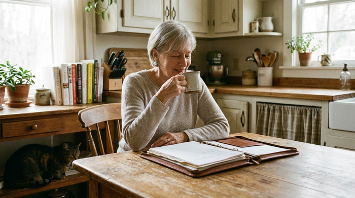 Eine ältere Dame sitzt entspannt an ihrem Küchentisch und trinkt Kaffee, während eine saubere, übersichtliche Mappe mit Dokumenten vor ihr liegt. Sanftes Morgenlicht erhellt den Raum.