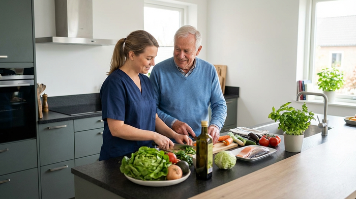 Eine fürsorgliche Alltagsbegleiterin bereitet in einer modernen, barrierefreien Küche gemeinsam mit einem Senior ein gesundes Mittagessen vor. Frische Zutaten liegen auf der Arbeitsplatte.