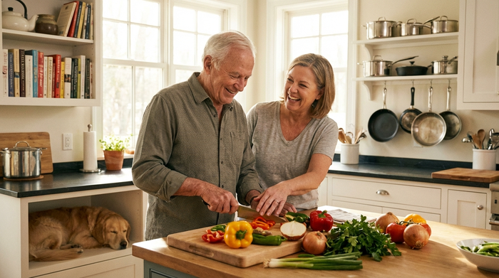 Ein geduldiger Alltagsbegleiter hilft einem älteren Herrn beim gemeinsamen Kochen in einer hellen, sauberen Küche. Frisches Gemüse liegt auf dem Schneidebrett. Realistische, warme Beleuchtung und harmonische Stimmung.