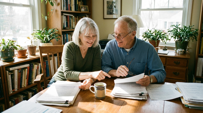 Ein älteres Ehepaar sitzt am Schreibtisch und studiert aufmerksam, aber entspannt offizielle Dokumente. Eine Kaffeetasse steht daneben. Helles Arbeitszimmer, fokussierte Stimmung, fotorealistisch ohne lesbaren Text.