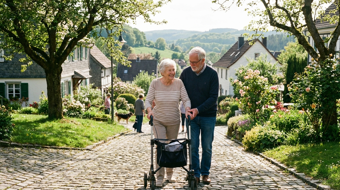 Eine rüstige Seniorin spaziert mit ihrem Rollator sicher über einen gepflasterten Weg in einer leicht hügeligen, grünen Wohngegend. Ein freundlicher Begleiter stützt sie leicht am Arm. Sonniger, freundlicher Tag.