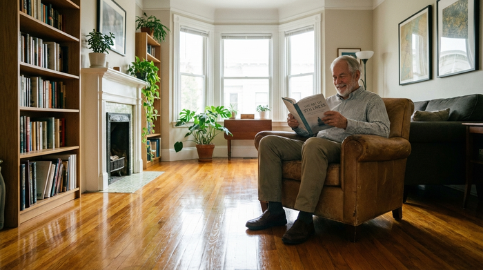 Eine ordentliche, blitzblank geputzte Wohnung mit glänzenden Holzböden. Im Vordergrund sitzt ein glücklicher Senior im Sessel und liest ein Buch. Gemütliche, aufgeräumte Atmosphäre ohne störende Elemente.