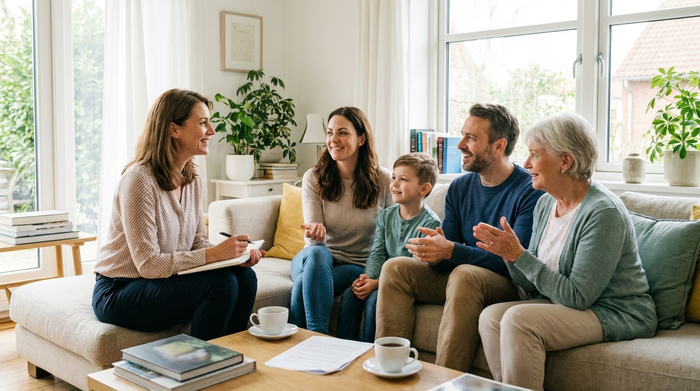 Eine fürsorgliche Beraterin sitzt mit einer Familie auf dem Sofa. Sie besprechen entspannt die zukünftige Betreuungssituation. Helles Wohnzimmer, positive Körpersprache, fotorealistische Szene.