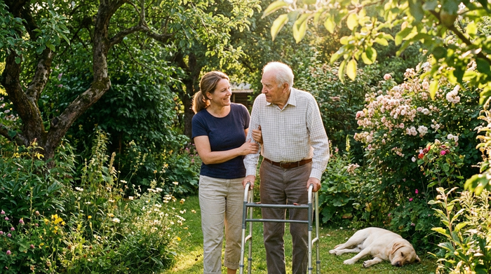 Eine engagierte Betreuerin hilft einem älteren Herrn liebevoll beim Spaziergang im heimischen Garten an einem sonnigen Nachmittag. Viel sattes Grün, entspannte und vertrauensvolle Stimmung.
