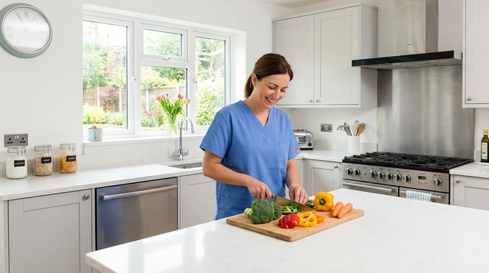 Eine Pflegekraft bereitet in einer sauberen, modernen Küche frisches Gemüse für das Mittagessen vor. Helles Tageslicht fällt durch das Fenster, aufgeräumte und hygienische Umgebung.