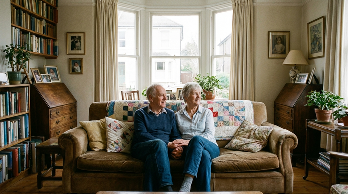 Ein älteres Ehepaar sitzt entspannt auf einem bequemen Sofa und schaut zufrieden aus dem Fenster. Ruhige, sorgenfreie Stimmung in einem liebevoll eingerichteten Wohnzimmer.