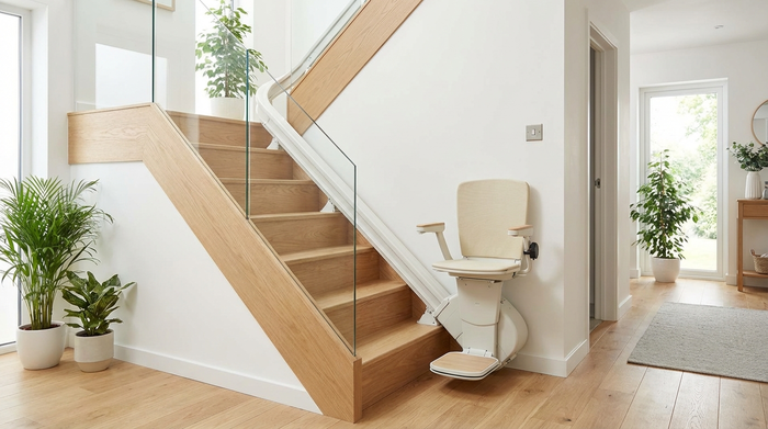 Ein moderner, unauffälliger Treppenlift ist an einer hellen Holztreppe in einem gepflegten Einfamilienhaus installiert. Sichere und saubere Wohnumgebung, harmonisch in den Raum integriert.