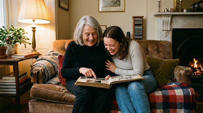 Zwei Frauen unterschiedlichen Alters lachen herzlich gemeinsam beim Betrachten eines alten Fotoalbums auf einer Couch. Warme Beleuchtung, gemütliches Ambiente, authentische menschliche Verbindung.