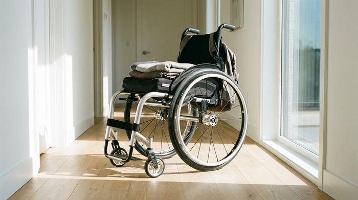 Ein moderner, leichter Aluminium-Rollstuhl steht in einem gepflegten, hellen Flur eines Hauses. Klare Linien, keine Menschen, realistische Beleuchtung, Fokus auf Mobilität und Unabhängigkeit.