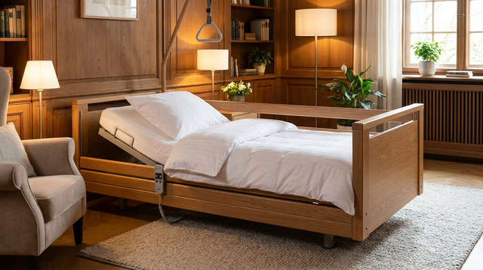 Ein komfortables, elektrisch höhenverstellbares Pflegebett in einem gemütlich eingerichteten Schlafzimmer. Frische weiße Bettwäsche, warmes Holzdekor, sichere und beruhigende Umgebung, fotorealistisch.