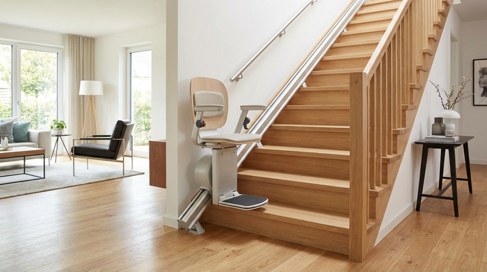 Ein moderner Treppenlift ist an einer hellen Holztreppe in einem gepflegten Einfamilienhaus montiert. Elegantes Design, sichere Mobilität im Alter, saubere Umgebung ohne Text.