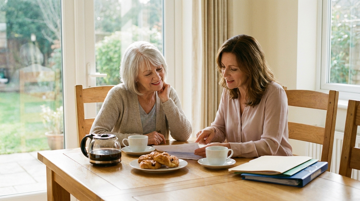 Eine ältere Dame sitzt am Esstisch und bespricht entspannt Dokumente mit einer freundlichen Beraterin. Helle, positive Atmosphäre, Kaffeetassen auf dem Tisch, professionelle Beratungssituation.