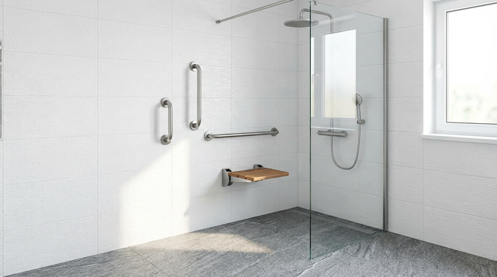 Eine moderne, bodengleiche Dusche in einem hell gefliesten, barrierefreien Badezimmer. Haltegriffe an der Wand, rutschfester Boden, stilvolles und sicheres Design, fotorealistisch.