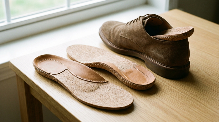 Ein Paar hochwertige, maßgefertigte orthopädische Einlagen aus Kork und weichem Leder liegen neben einem bequemen, modernen Halbschuh auf einem hellen Holztisch. Realistische Nahaufnahme, weiches Licht, Fokus auf die ergonomische Form.