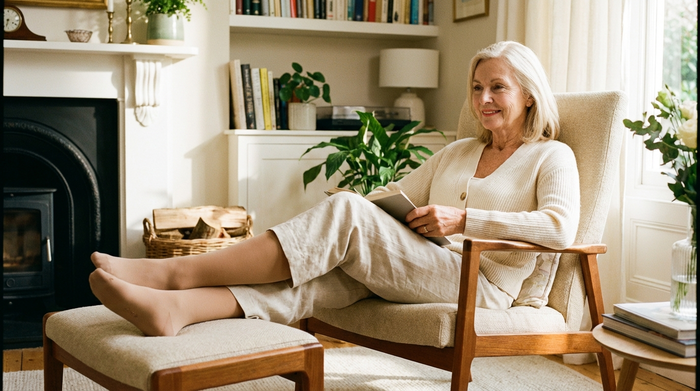 Eine elegante ältere Dame sitzt entspannt in einem hellen Sessel und trägt unauffällige, hautfarbene Kompressionsstrümpfe. Ihre Beine sind leicht hochgelegt, die Atmosphäre ist gemütlich und wohnlich.