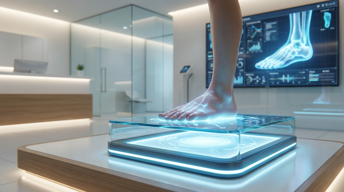 Ein moderner, leuchtender 3D-Fußscanner in einem sauberen Sanitätshaus. Ein Fuß steht auf der beleuchteten Glasplatte, während im Hintergrund ein unscharfer Bildschirm leuchtet. Keine sichtbaren Texte, futuristische und saubere medizinische Umgebung.