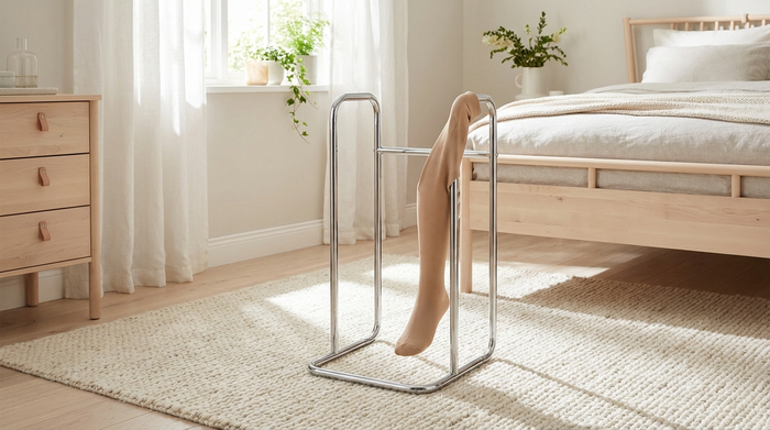 Ein metallenes Gestell als Anziehhilfe für Kompressionsstrümpfe steht auf einem weichen Teppichboden. Ein hautfarbener Strumpf ist bereits ordentlich darüber gespannt. Helles, freundliches Schlafzimmer-Setting.