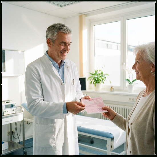 Ein Arzt in einem hellen Behandlungszimmer überreicht einer geduldigen älteren Dame mit einem warmen Lächeln ein rosafarbenes Rezeptformular. Realistische, saubere Klinikumgebung.