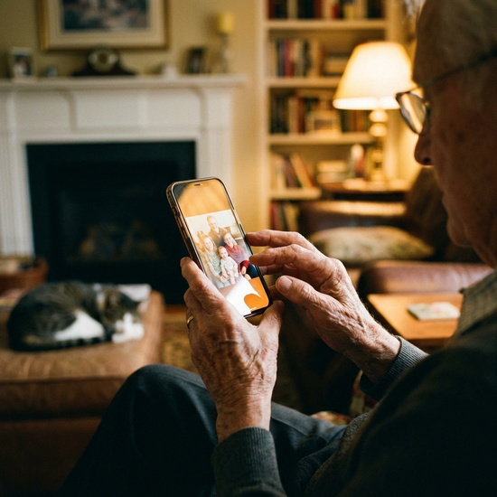 Eine ältere Person hält ein modernes Smartphone in den Händen, das Display leuchtet sanft auf. Gemütliche Wohnzimmeratmosphäre im Hintergrund, Fokus auf die Hände und das Gerät.