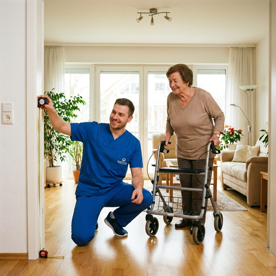 Ein freundlicher Sanitätshaus-Mitarbeiter in blauer Arbeitskleidung kniet in einem hellen Wohnzimmer und misst mit einem Maßband den Türrahmen aus. Eine ältere Dame schaut interessiert zu.