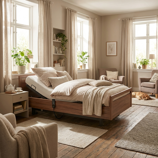 Ein modernes, elektrisch verstellbares Pflegebett steht in einem gemütlich und wohnlich eingerichteten Schlafzimmer mit großen Fenstern und hellen Vorhängen. Realistische, warme Atmosphäre.