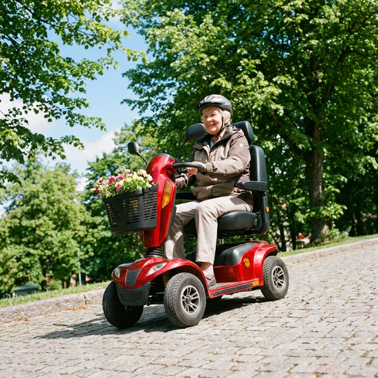 Eine rüstige Rentnerin fährt mit einem roten Elektromobil sicher eine leichte Steigung auf einem gepflasterten Weg hinauf. Grüne Bäume und blauer Himmel im Hintergrund.