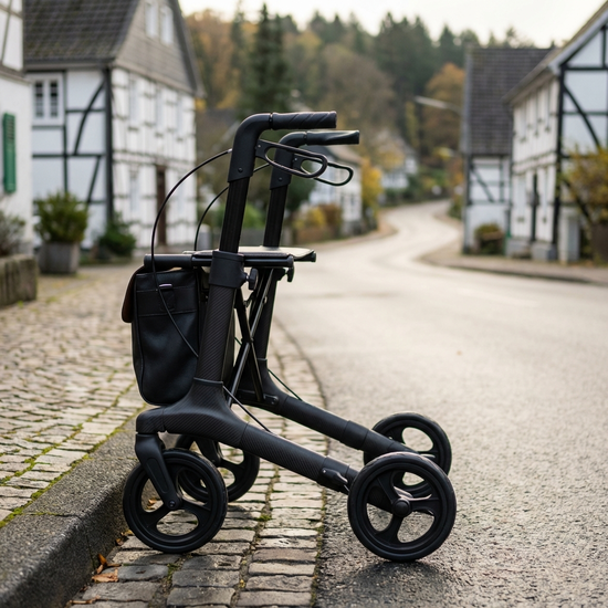 Ein hochwertiger Carbon-Rollator steht stabil auf einem Bürgersteig an einer Bordsteinkante. Im Hintergrund unscharf eine typische hügelige Straße im Bergischen Land.