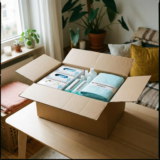 Ein ordentlich gepackter Karton mit verpackten Einweghandschuhen, Desinfektionsmitteln und Bettschutzeinlagen steht auf einem hellen Holztisch. Sanftes Tageslicht fällt durch das Fenster.