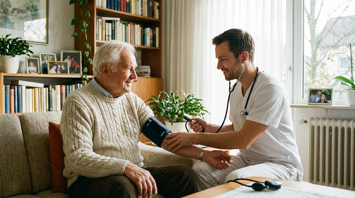 Ein älterer Herr bekommt von einem freundlichen Krankenpfleger in seinem gemütlichen Wohnzimmer schonend den Blutdruck gemessen. Helles Tageslicht, aufgeräumte Umgebung, professionelle und vertrauensvolle Stimmung.