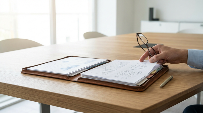 Eine aufgeschlagene Mappe mit übersichtlichen Dokumenten und ein Stift liegen auf einem modernen Holztisch. Eine Hand mit einer Lesebrille deutet auf ein Papier. Helle, ruhige Arbeitsatmosphäre ohne lesbaren Text.