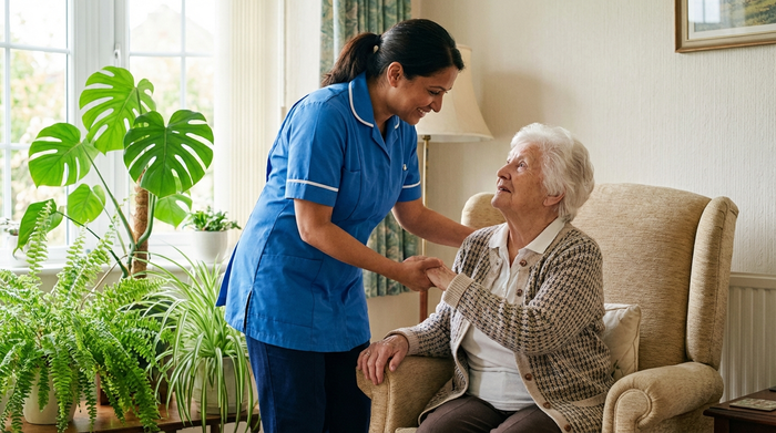 Eine fürsorgliche Pflegekraft hilft einer Seniorin sanft beim Aufstehen aus einem bequemen Sessel. Helles Wohnzimmer mit grünen Zimmerpflanzen im Hintergrund, vertrauensvoller Umgang, respektvolle und sichere Distanz.