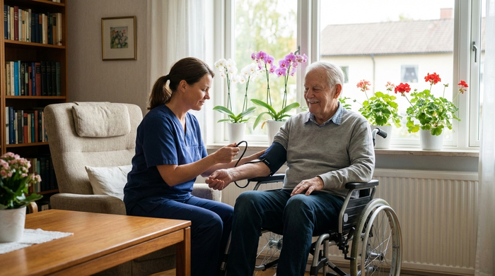 Eine professionelle Pflegekraft misst schonend den Blutdruck eines älteren Herrn im Rollstuhl in einem aufgeräumten, hellen Wohnzimmer. Sanftes Tageslicht fällt durch das Fenster, blühende Zimmerpflanzen stehen auf der Fensterbank.