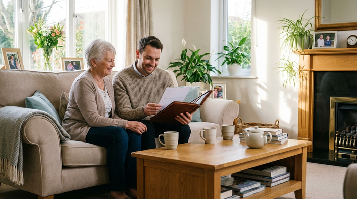 Ein freundlicher Berater sitzt mit einem älteren Ehepaar auf einem bequemen Sofa. Sie schauen gemeinsam auf ein Dokument in einer Mappe. Das Wohnzimmer ist gemütlich und ordentlich, Kaffeetassen stehen auf dem Holztisch.