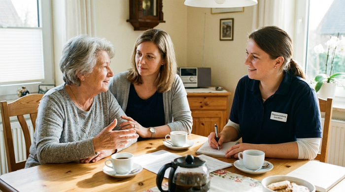 Eine ältere Frau und ihre erwachsene Tochter sitzen am Esstisch und besprechen sich intensiv, aber entspannt mit einer freundlichen Pflegedienstleitung. Eine Tasse Kaffee und ein Notizblock liegen auf dem Tisch.