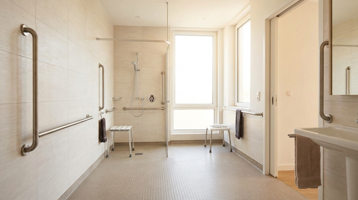 Ein modernes, barrierefreies Badezimmer mit einer bodengleichen Dusche, stabilen Haltegriffen an den hellen Wänden und einem rutschfesten Boden. Viel Tageslicht sorgt für eine einladende und sichere Atmosphäre.