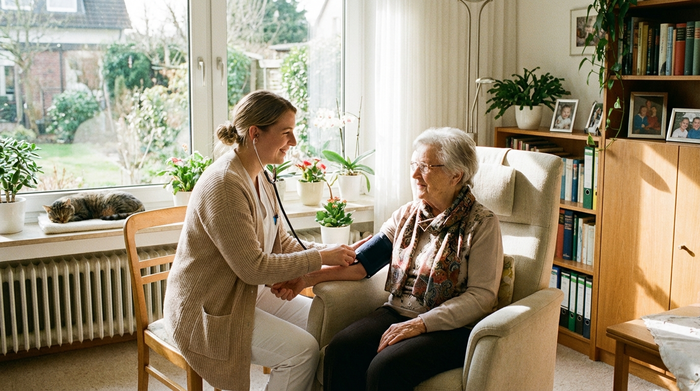 Eine sympathische Pflegekraft misst den Blutdruck einer älteren Dame, die gemütlich in einem hellen Sessel sitzt. Das Wohnzimmer ist aufgeräumt und wohnlich, mit Pflanzen dekoriert. Sanftes Tageslicht fällt durch das große Fenster.