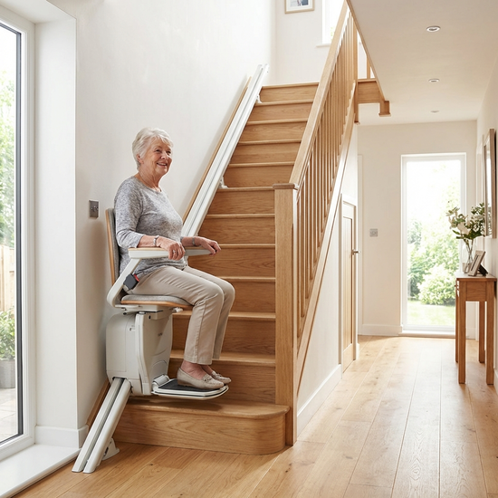 Ein moderner, unauffälliger elektrischer Treppenlift an einer hellen Holztreppe in einem gepflegten Einfamilienhaus. Eine ältere Dame fährt sicher und entspannt nach oben. Realistische Darstellung, helle Ausleuchtung.