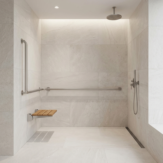 Ein elegantes, modernes Badezimmer mit einer bodengleichen, barrierefreien Dusche. Helle Fliesen, ein sicherer Haltegriff an der Wand und ein klappbarer Duschsitz. Sauber, minimalistisch und sicher.