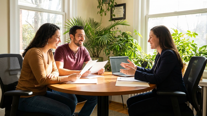 Eine Familie sitzt gemeinsam mit einer professionellen Beraterin an einem runden Tisch und bespricht Dokumente. Die Stimmung ist konstruktiv und erleichtert. Helles Büro mit grünen Pflanzen im Hintergrund.
