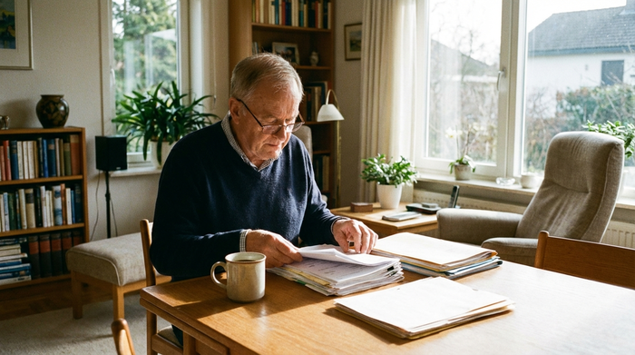 Ein älterer Herr sitzt an einem aufgeräumten Holztisch in seinem hellen Wohnzimmer und sortiert konzentriert einige Dokumente. Neben ihm steht eine Tasse Kaffee. Realistische, ruhige Szene, natürliche Beleuchtung, ohne Text oder Diagramme.