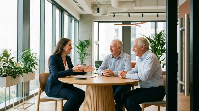 Eine lächelnde Beraterin im Gespräch mit einem älteren Ehepaar in einem modernen Büro. Sie sitzen an einem runden Tisch. Vertrauensvolle Atmosphäre, helle Umgebung, realistische Fotografie, keine Schriftzüge.
