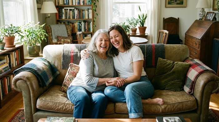 Zwei Generationen einer Familie, eine ältere Mutter und ihre erwachsene Tochter, sitzen entspannt auf einem Sofa und lachen gemeinsam. Harmonische und sorgenfreie Stimmung im gemütlichen Zuhause. Hochwertige Fotografie.