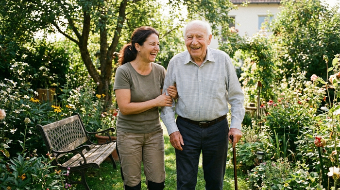 Eine engagierte Pflegekraft unterstützt einen fröhlichen Senior beim Gehen im eigenen Garten. Sonniges Wetter, grüne Pflanzen im Hintergrund, liebevolle und fürsorgliche Interaktion. Realistische Szene.