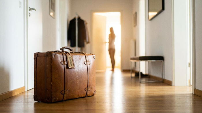 Ein gepackter Koffer steht in einem aufgeräumten, hellen Flur. Im Hintergrund sieht man unscharf eine geöffnete Tür, durch die warmes Licht fällt. Aufbruchsstimmung, saubere Umgebung, fotorealistisch.