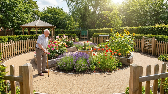Ein heller, sicherer Demenzgarten mit einem sanft geschwungenen, kreisförmigen Spazierweg. Entlang des Weges blühen bunte Blumen, und ein älterer Herr stützt sich leicht auf seinen Gehstock, während er friedlich die Natur genießt.