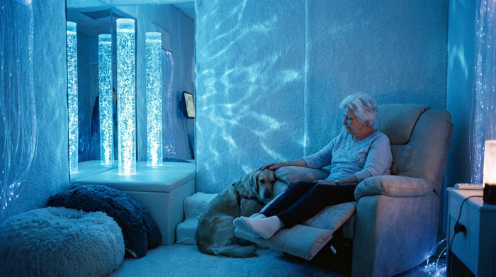 Ein beruhigender Snoezelen-Raum mit gedimmtem, bläulichem Licht. Eine leuchtende Wassersäule wirft sanfte Reflexionen an die Wand. Eine ältere Frau sitzt entspannt in einem weichen Liegesessel und streichelt einen ruhigen Therapiehund.