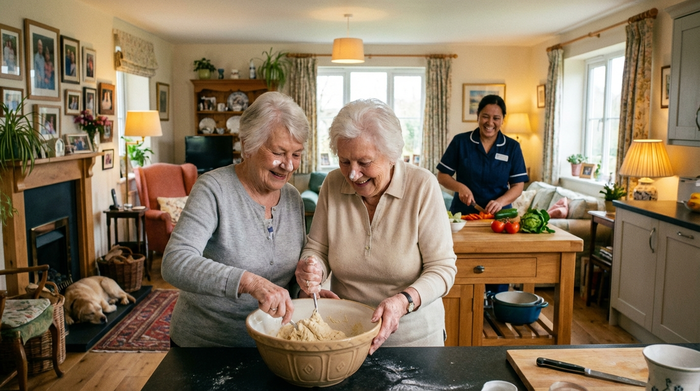 Eine gemütliche, offene Wohnküche in einer Demenz-Wohngemeinschaft. Zwei Seniorinnen rühren gemeinsam Teig in einer großen Schüssel, während eine lächelnde Betreuerin im Hintergrund frisches Gemüse schneidet. Die Atmosphäre ist familiär und warm.